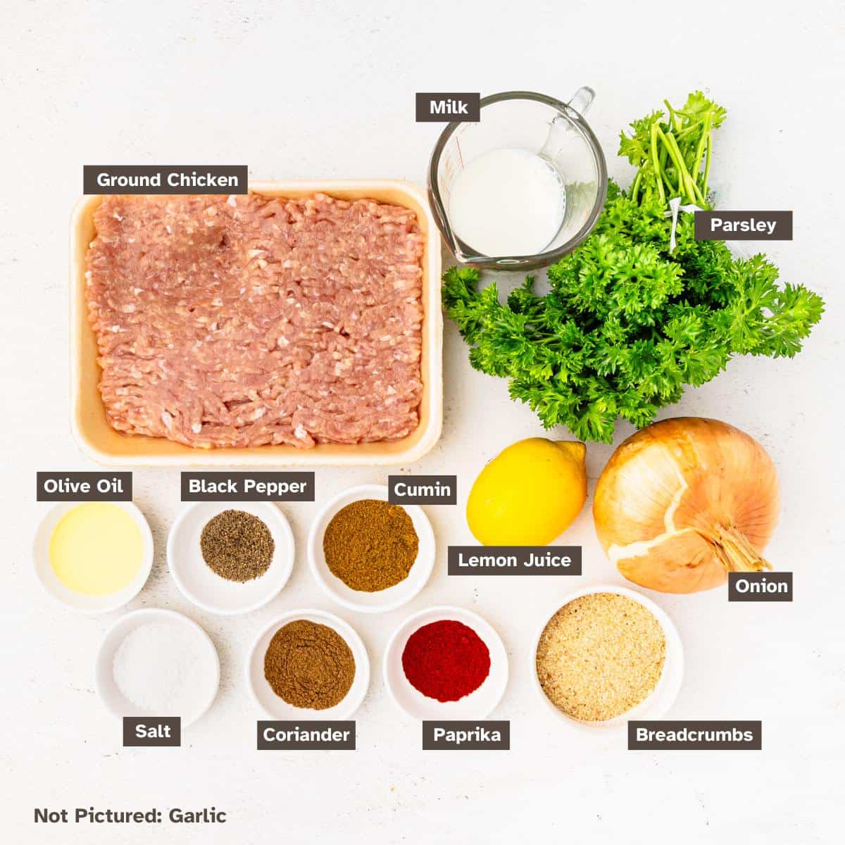 Ingredients for chicken kofta arranged on a countertop.