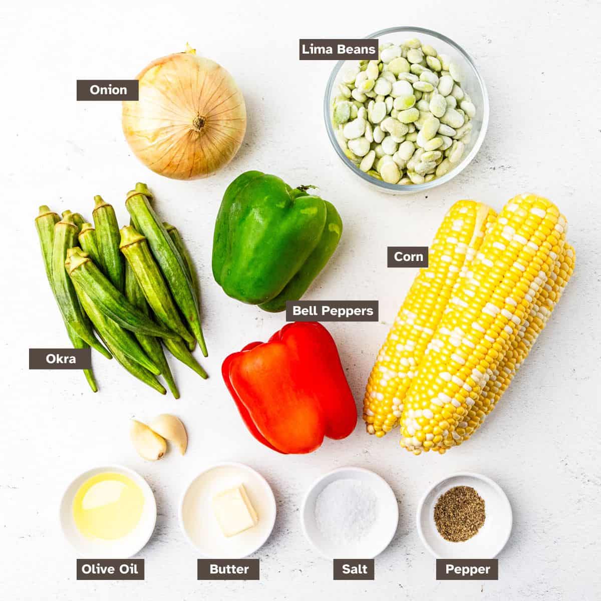 Ingredients for corn succotash arranged on a countertop.