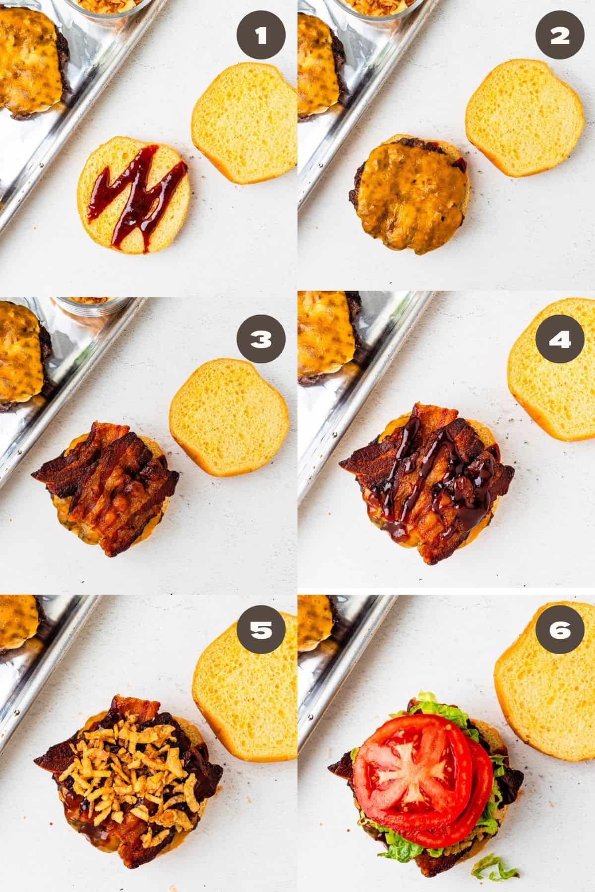 Graphic of steps to assemble a BBQ bacon cheeseburger.
