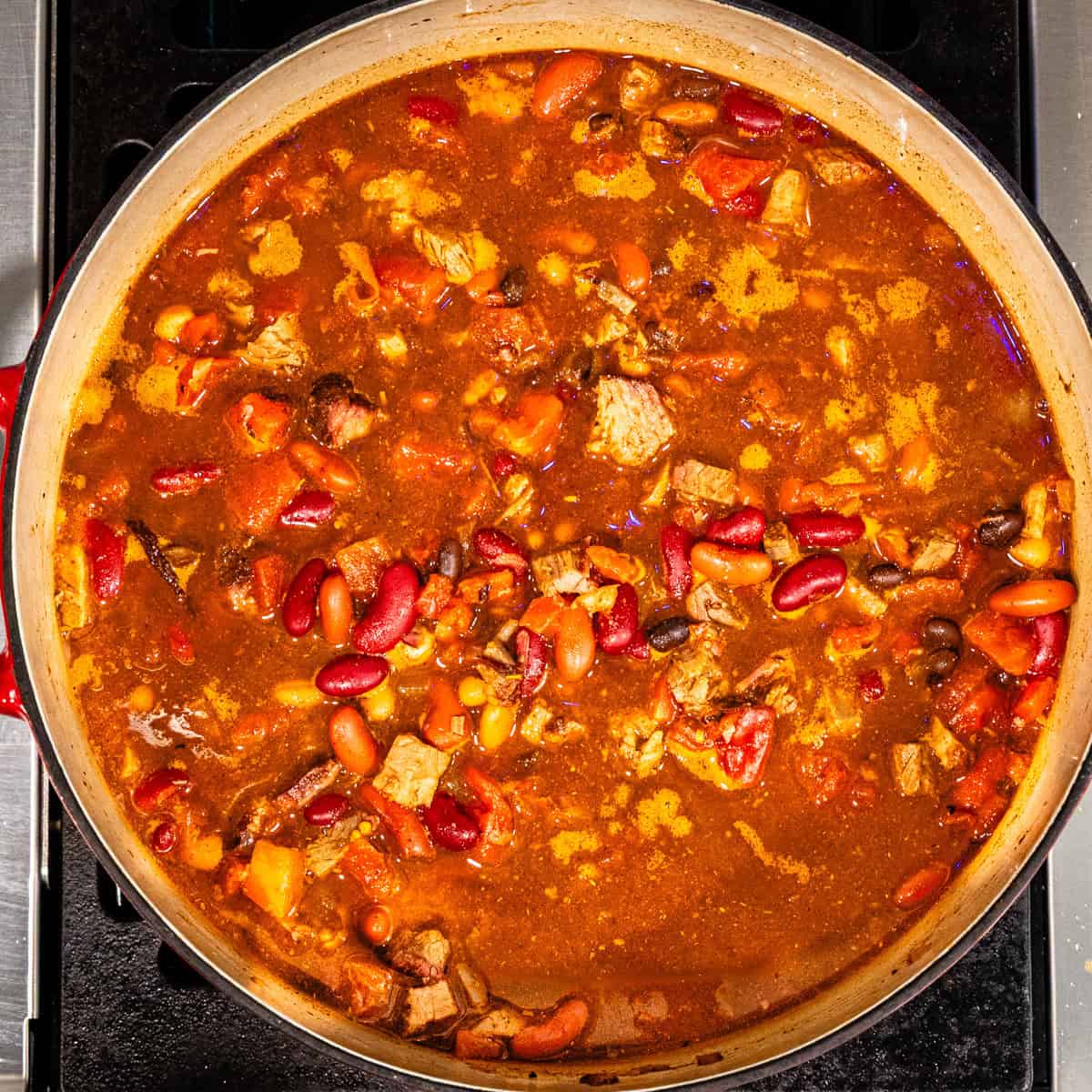 Chili in a large pot before being cooked down.
