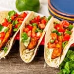Mahi Mahi tacos on a serving tray.