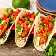 Mahi Mahi tacos on a serving tray.
