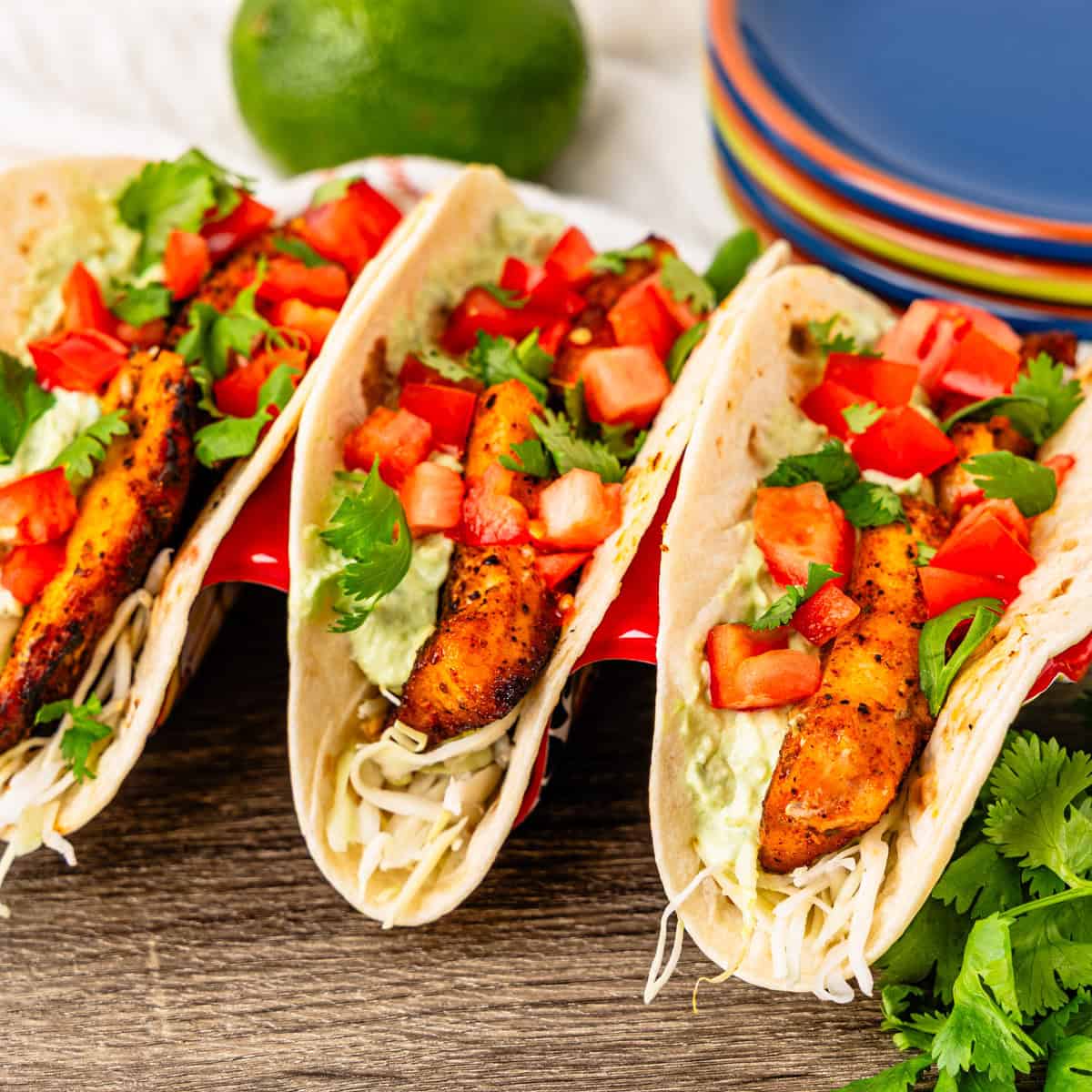 Mahi Mahi tacos on a serving tray.